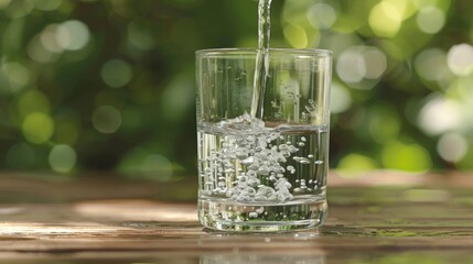 Water pouring into glass outdoors, sunlight bokeh background, healthy hydration
