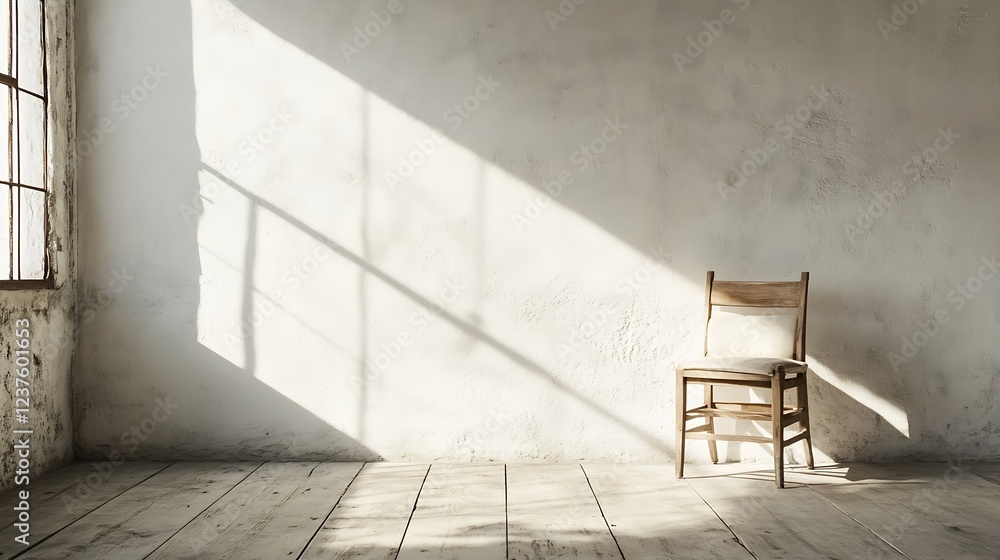 Poster minimalist wooden chair in sunlit empty room with rustic floors : generative ai