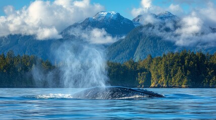 Fototapeta premium Whale surfacing, misty mountains, coastal forest. Nature photography for travel brochures