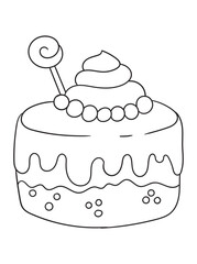 Delightful black and white cake illustration for coloring books. Perfect for kids and adults who love sweet treats! Ideal for printables, digital downloads, and craft projects.