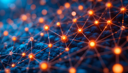 Glowing Orange Nodes Interconnected on a Blue Digital Grid Depicting a Futuristic Network in a Technological Environment