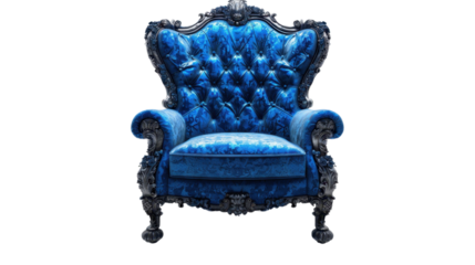 Luxurious blue velvet baroque armchair with transparent background