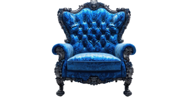 Luxurious blue velvet baroque armchair with transparent background