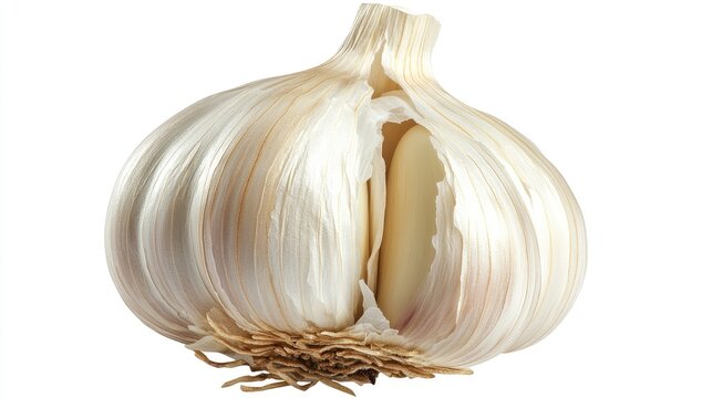 High-resolution close-up of one garlic clove, focusing on its layers and translucent skin, set against a white background