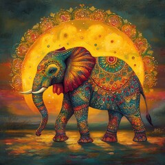 Obraz premium Colorful Elephant with Intricate Patterns Against Radiant Background