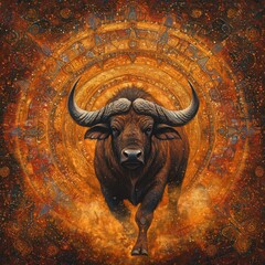 Naklejka premium Majestic Bull with Intricate Patterns and Warm Background Colors