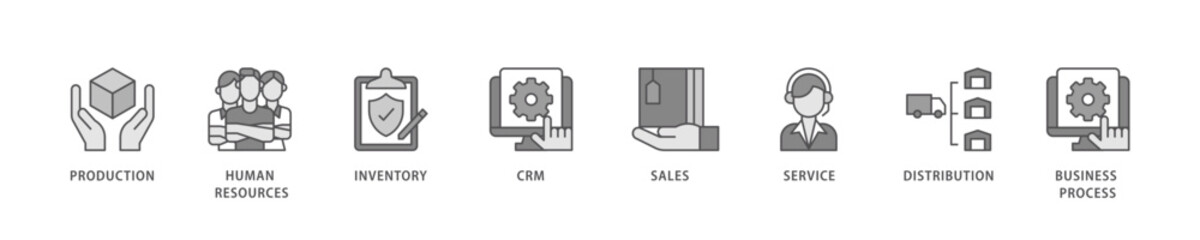 Enterprise resource planning icon set flow process which consists of production, human resources, inventory, crm, sales, service icon live stroke and easy to edit .