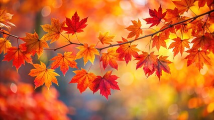Autumn maple leaves on a tree branch with vibrant orange and red hues , foliage display
