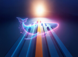 A radiant whale glides through a glowing, abstract pathway.  Double exposure effect creates a surreal, luminous scene.  The vibrant colors and lines evoke a sense of movement and wonder.