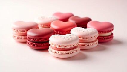 Fototapeta premium Heart-shaped macarons in soft pink to deep crimson, elegantly arranged on a white background, with a delicate sheen and a dusting of powdered sugar.