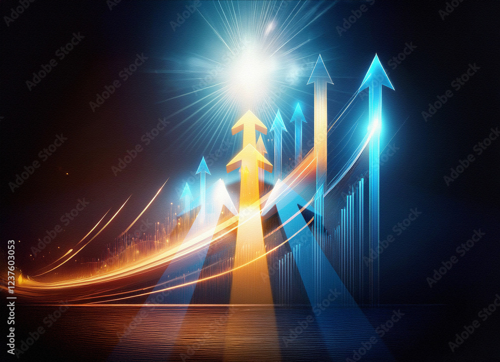 Poster a double exposure image depicts glowing arrows rising, symbolizing growth and progress. dynamic ligh