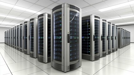 High-tech data center with server racks, modern computing infrastructure, advanced servers and network equipment, digital transformation, cloud computing, and data storage technology