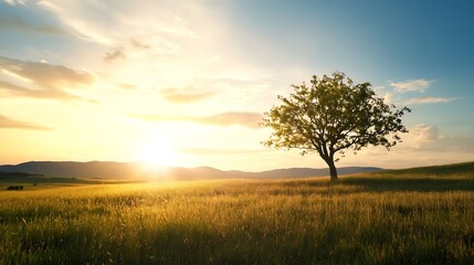 Lonely Tree Standing in Golden Field at Sunset with Majestic Mountain Background : Generative AI