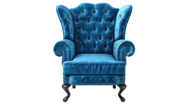 Luxurious blue velvet wingback armchair on transparent background