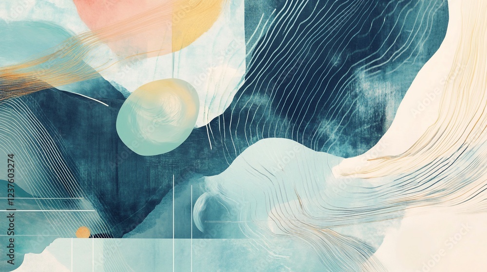 Poster abstract art with flowing lines, layered shapes, and pastel color palette creating a sense of depth