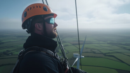 Obraz premium Wind turbine maintenance worker in action, wearing safety gear and helmet, overlooking vast green fields from height, showcasing dedication and skill in renewable energy