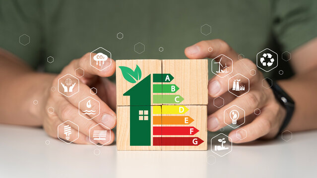 Energy efficiency rating labels promoting low consumption and efficient products to reduce carbon footprint. - Powered by Adobe