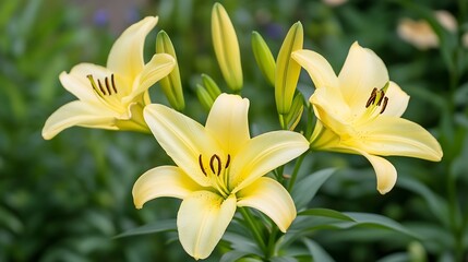 Obraz premium Beautiful CloseUp of Yellow Lilies in Full Bloom in a Lush Green Garden Setting : Generative AI