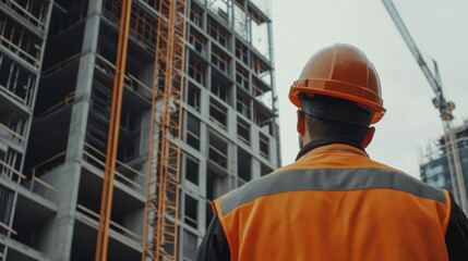 An up-close view of a construction foreman inspecting safety protocols on a high-rise building site, Safety inspection scene, Vigilant and procedural style