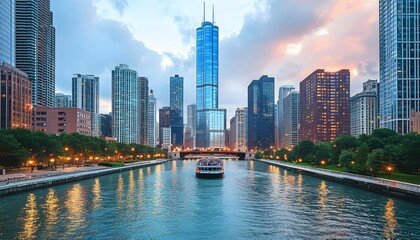 Fototapeta premium Chicago Skyline River Cruise at Dusk