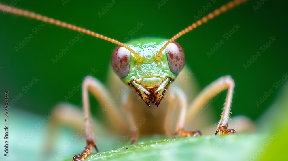 Aufkleber green insect staring forward with eye details on leafy background : generative ai