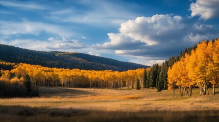 Fototapeta premium Golden Autumn Field Surrounded by Lush Forest Under a Bright Blue Sky : Generative AI