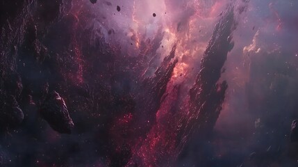 Fiery asteroid field, cosmic destruction, nebula background; sci-fi game art