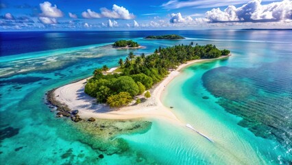 Obraz premium Aerial view of Paradise Island with crystal-clear waters and white sandy beaches, turquoise, island, turquoise