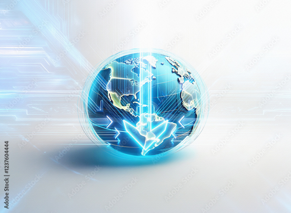 Poster a mesmerizing double exposure image depicts a translucent globe bisected by a glowing arrow, symboli