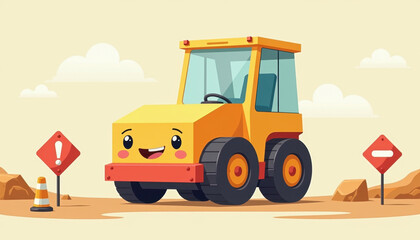 Naklejka premium Minimal Cartoon Road Roller with Smile
