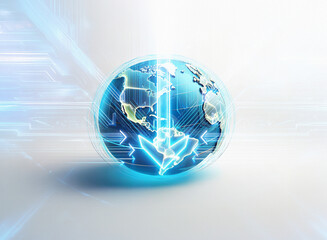 A mesmerizing double exposure image depicts a translucent globe bisected by a glowing arrow, symbolizing global connectivity and data flow.  Surrounding streaks suggest rapid digital movement.