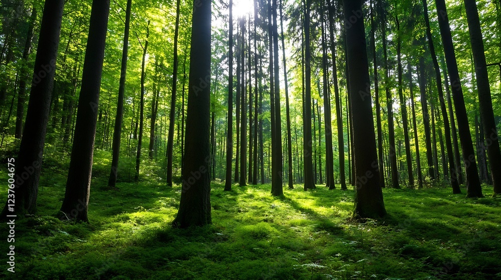 Poster majestic forest with tall trees and sunlight filtering through lush green canopy for tranquil escape