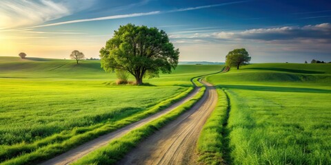 Obraz premium Green field with a few trees and a winding dirt path leading into the distance, foliage, countryside