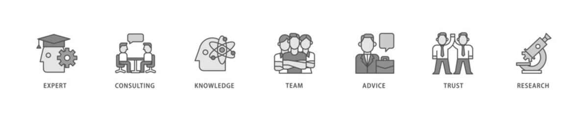 Expertise icon set flow process which consists of expert, consulting, knowledge, team, advice, trust, and research icon live stroke and easy to edit .