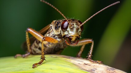Fototapeta premium Macro of Grasshopper Eating on Leaf Natural Green Background Wildlife : Generative AI