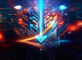 Obraz premium A mesmerizing double exposure artwork featuring vibrant blue and orange arrows converging at a central point, creating a dynamic and futuristic feel. The image evokes a sense of energy and technologi