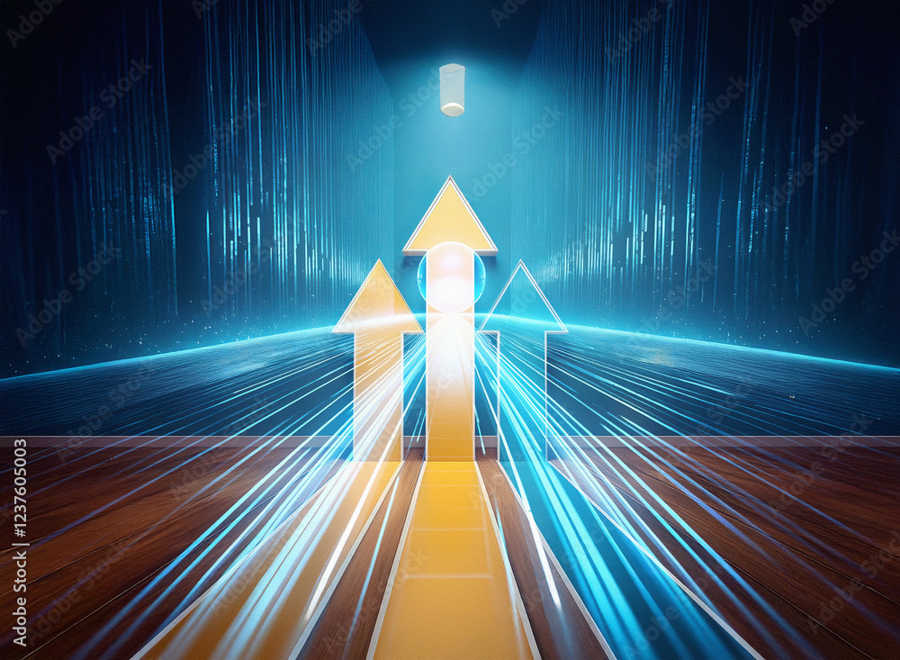 Poster a double exposure image shows three glowing gold arrows pointing upward, illuminated by a bright lig