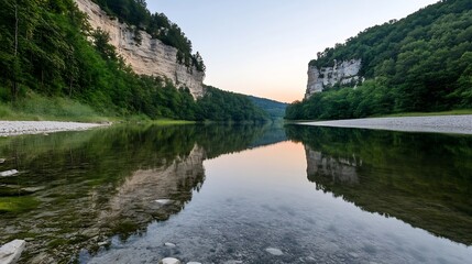 Fototapeta premium Majestic River Canyon Framed by Lush Valleys and Reflective Water at Sunset : Generative AI