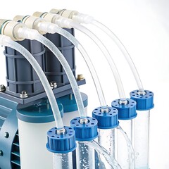 A close-up of a pulsating pump system with fluid flowing through translucent tubes