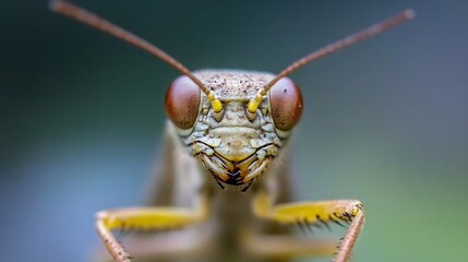 Front View of Grasshopper with Intricate Antennae and Distinctive Features : Generative AI