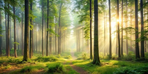 Forest panorama in soft, dreamy light with gentle mist, serene and peaceful atmosphere, nature, mist,  nature