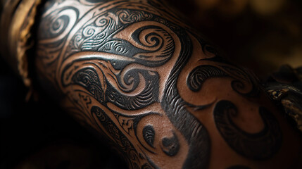 A close-up of a Māori tattoo on a person&rsquo;s forearm, intricate swirls and sharp lines wrapping around the skin, the detailed moko design illuminated by soft ambient light