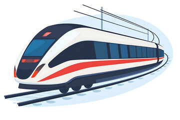 A flat vector illustration of a high-speed train in a modern urban setting