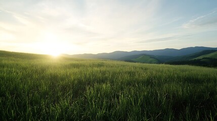 Fototapeta premium Lush green meadow at sunrise with rolling hills and scenic mountain backdrop : Generative AI