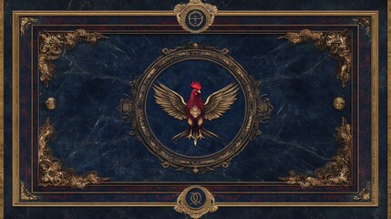 Fototapeta premium Ornate Rooster Emblem on Dark Blue Marble