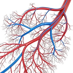 A detailed view of interconnected blood vessels branching out in a vibrant red and blue network 