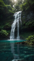 Serene waterfall cascading into a vibrant turquoise pool, surrounded by lush rainforest.  A tranquil oasis of natural beauty.