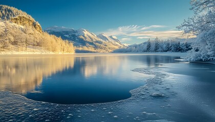 Winter lake scene with snow capped mountains and frozen water