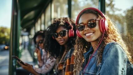 Three diverse friends at a bus stop on a sunny day using a smartphone An African woman with headphones smiles at the camera