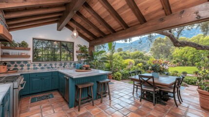 Fototapeta premium Outdoor Kitchen Patio with Mountain View and Garden